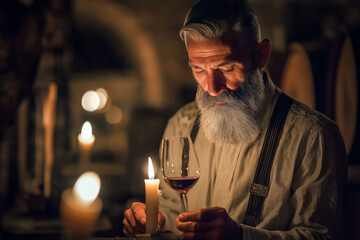 Aged sommelier inspecting wine in candlelight inside a traditional cellar