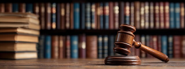 A wooden gavel rests on a desk in front of a large, blurred bookshelf filled with legal volumes