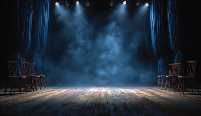 Empty Stage with Dramatic Lighting and Wooden Chairs Illustration