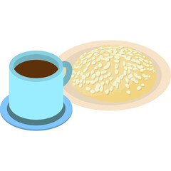 Light Blue Coffee Mug Filled With Dark Coffee With A White Sesame Seed Bun On A Beige Plate Isolated On White Background Isometric Style