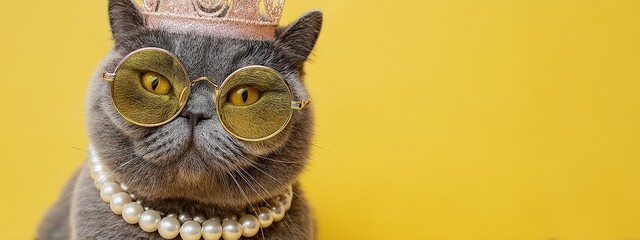 Adorable British Shorthair cat wearing round sunglasses, pearls and a crown
