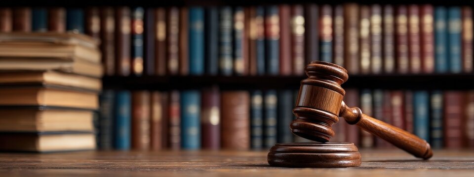 A wooden gavel rests on a desk in front of a large, blurred bookshelf filled with legal volumes