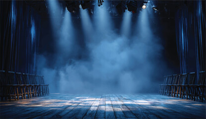 Empty stage illuminated with spotlights and smoke ready for performance