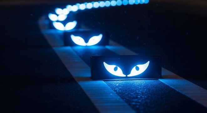 Mysterious Glowing Eyes Illuminate Roadway at Night With Blue Futuristic Light