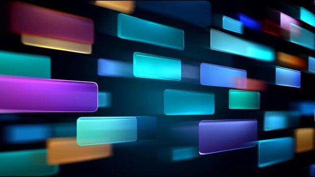 Futuristic and dynamic technology background showing vibrant, colorful digital flow of abstract glowing rectangle shapes in motion for modern data visualization