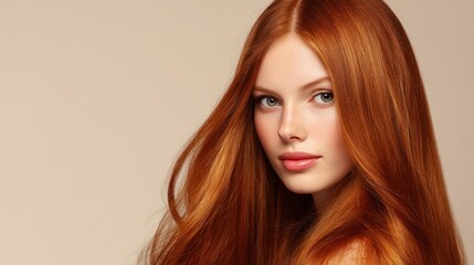Beautiful woman model with long ginger red silky shiny hair
