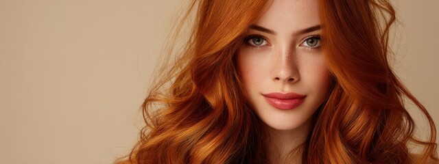 Beautiful woman model with long ginger red silky shiny hair
