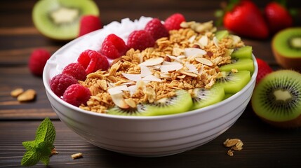 Fresh smoothie bowl topped with assorted fruits and granola showcasing clean eating and healthy modern breakfast lifestyle.