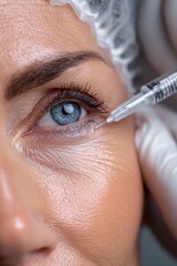 Cosmetologist performing a beauty injection (Botox/filler) near the patient's eye area