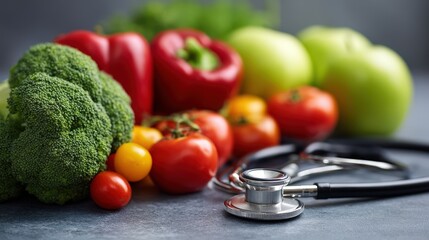 Fresh vegetables and fruits (broccoli, pepper, tomatoes) next to a stethoscope, symbolizing a healthy lifestyle
