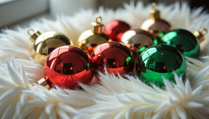 Christmas ornaments in red, gold, and green on fluffy white background  
