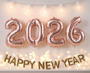 Festive New Year 2026 Celebration with Balloons and Bokeh Lights