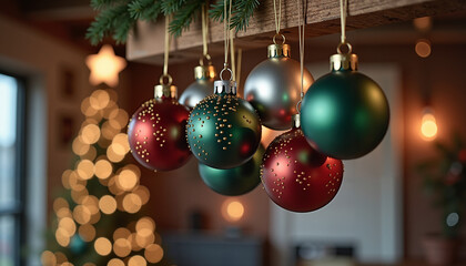 Colorful Christmas ornaments hanging from wooden shelf indoors  