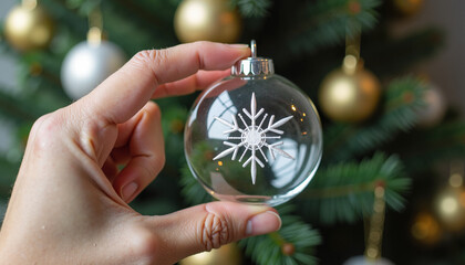 Hand holding glass ornament with snowflake design by Christmas tree  