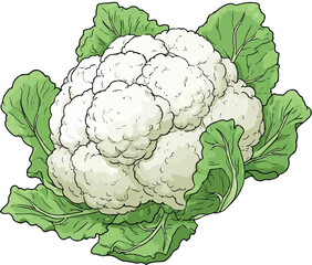 Fresh Cauliflower Head with Green Leaves Detailed Vector Illustration Art