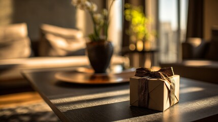 A warm modern interior, small holiday gift on coffee table, gentle shadows