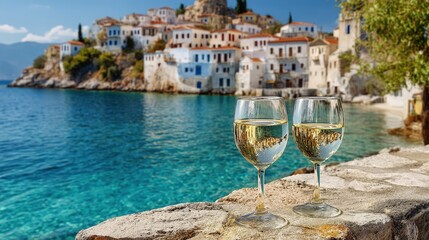 Two glasses of white wine on a stone wall overlooking a turquoise bay and Greek town