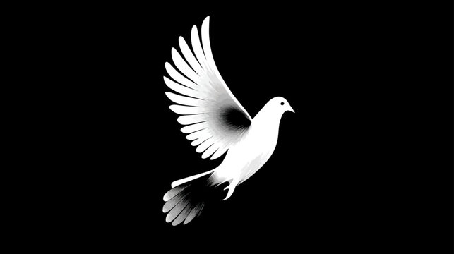 Elegant White Dove in Flight Against Black Background, Symbol of Peace, Purity, Hope, Freedom, and Spirituality