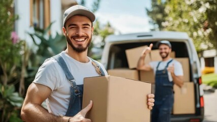 Moving and teamwork in transport services. Handsome smiling loader holding cardboard box and showing thumb up at minivan. Two male moving service workers in uniform carefully carry boxes. Delivery - Powered by Adobe