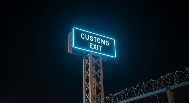 Neon Customs Exit Sign Illuminated At Night With Barbed Wire And Dark Sky