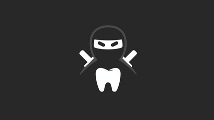 Sleek minimalist ninja character with a tooth body and crossed swords, a modern icon for dental health, care, or swift service.