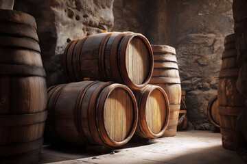Wine barrels stacked in a historic stone cellar, soft ambient light and subtle shadows