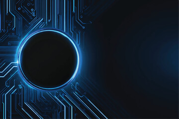 Futuristic Technology Circuit Board Background with Glowing Blue Lines and Circle
