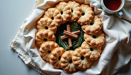 Baked cookies arranged in circle with cinnamon and tea  