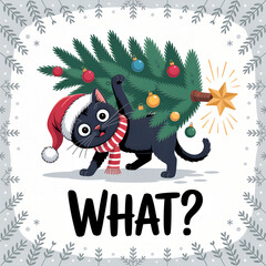 Funny Black Cat Stealing Christmas Tree Vector Illustration. Cute kitten in Santa hat carrying decorated pine. Humorous holiday typography design with sarcasm.
