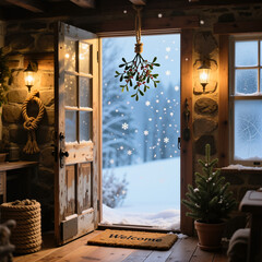 Cozy entrance with mistletoe and snowy winter landscape outside  