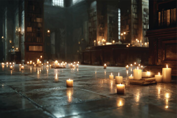 Library illumination with candles providing a warm and inviting atmosphere