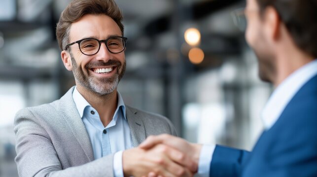 Two men are shaking hands with smiles, signifying a successful agreement or partnership in a contemporary business setting filled with natural light