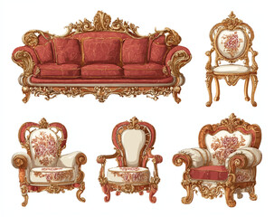 Luxurious Antique Furniture Set Sofa Armchairs Isolated On White Background