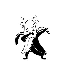 Distressed banana character vector silhouette dabbing with peeled skin and sweat droplets isolated on white background