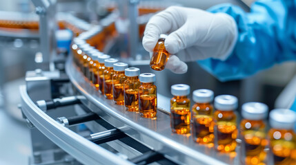 Pharmacist scientist with sanitary gloves examining medical vials on production line conveyor belt in pharmaceutical healthcare factory