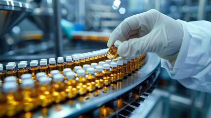 Pharmacist scientist with sanitary gloves examining medical vials on production line conveyor belt in pharmaceutical healthcare factory manufacturing prescription drugs medication mass production