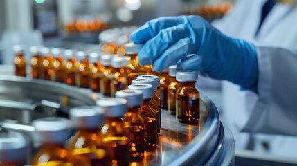 Pharmacist scientist with sanitary gloves examining medical vials on production line conveyor belt in pharmaceutical healthcare factory manufacturing prescription drugs medication mass production
