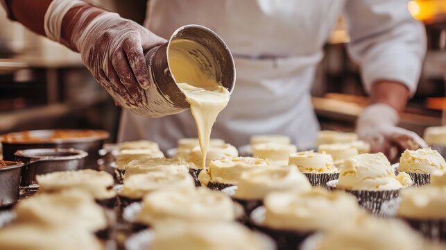 chef pouring batter into mold in bakery 