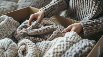 woman packing handmade knitwear in a box, handmade e-commerce concept