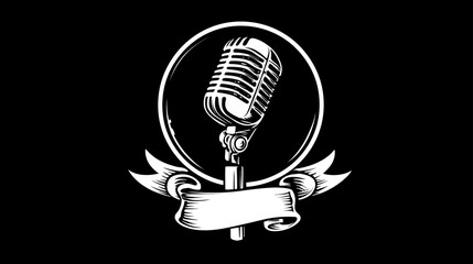 Vintage retro microphone illustration with a banner. Hand-drawn engraving style emblem for music, audio, podcast, or broadcast concepts.