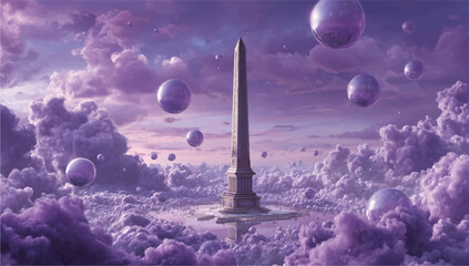 Majestic Obelisk Rises Above Dreamlike Clouds with Floating Spheres and Fantasy Sky