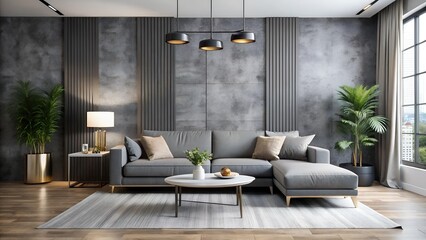 Modern living room showcasing a gray sofa, light rug, and minimalist