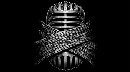 Vintage silver microphone wrapped tightly with rustic cord on a dark black background, retro music or silenced voice concept, grayscale.
