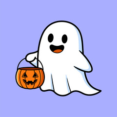 Friendly Halloween ghost character with jack-o'-lantern bucket, cartoon vector art