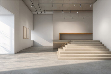 Minimalist Art Gallery Interior with Concrete Stairs and Track Lighting Design