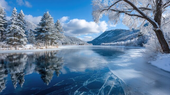 a frozen lake with ice cracks in the foreground, snow-covered trees on both sides of it, and a blue sky above