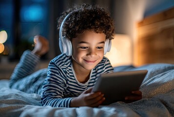 a young boy wearing white headphones is lying on his bed at night, smiling as he reads an e-book from the tablet in front of him