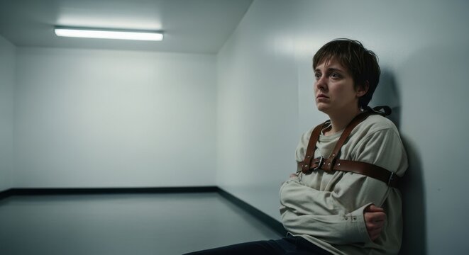 Woman in a straitjacket sitting in a sterile room, looking distraught and isolated. Concept of mental health institution.