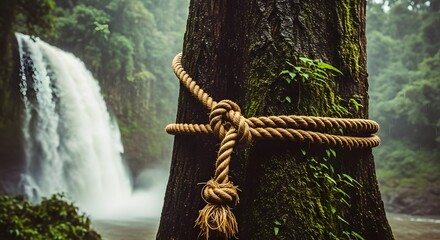 Waterfall tree rope nature forest outdoor travel adventure scenic knot