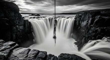 Waterfall landscape black and white nature scenic rope rocks outdoors water